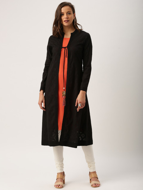 

IMARA Women Black & Orange Woven Design A-Line Layered Kurta