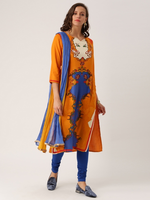 

IMARA Women Mustard Yellow & Blue Printed Kurta with Churidar & Dupatta