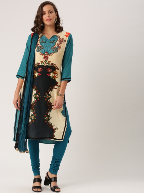 

IMARA Women Teal Green & Beige Printed Kurta with Churidar & Dupatta