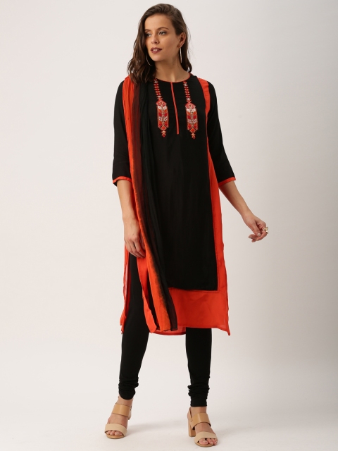 

IMARA by Women Black & Orange Embroidered Kurta with Churidar & Dupatta