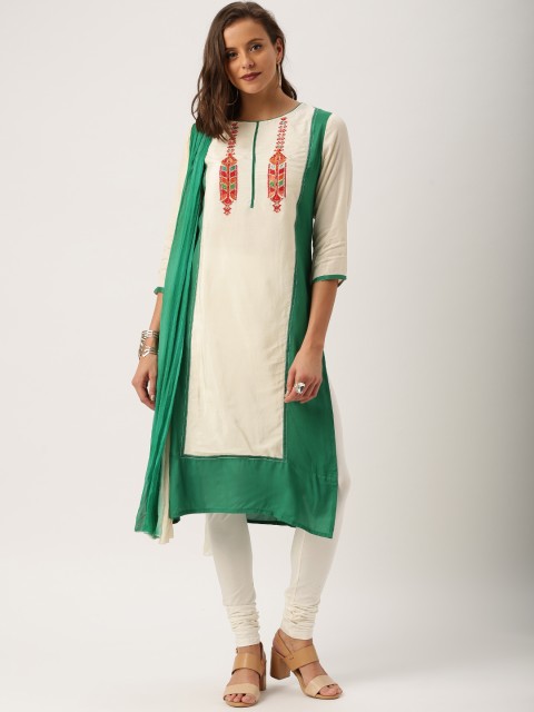 

IMARA by Women Green & Cream-Coloured Kurta with Churidar & Dupatta