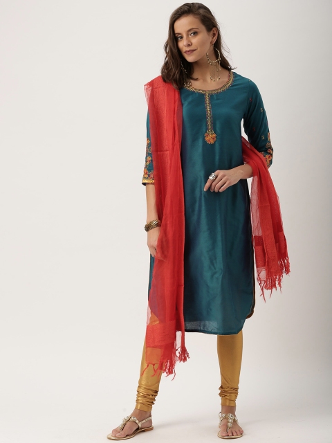 

IMARA Women Blue & Gold-Toned Solid Kurta with Churidar & Dupatta