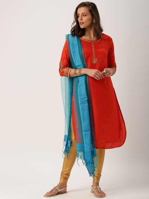 

IMARA Women Orange & Beige Embroidered Kurta with Churidar & Dupatta