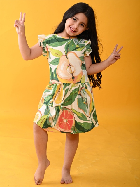 

Anthrilo Girls Green & Off White Tropical Printed Cotton A-Line Dress