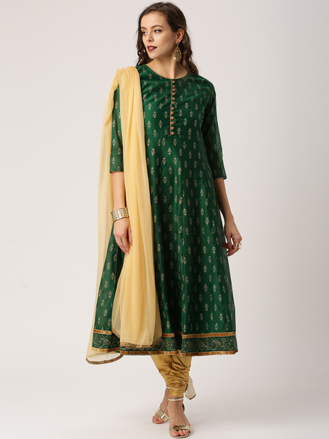 

IMARA Women Green & Beige Printed Kurta with Churidar & Dupatta