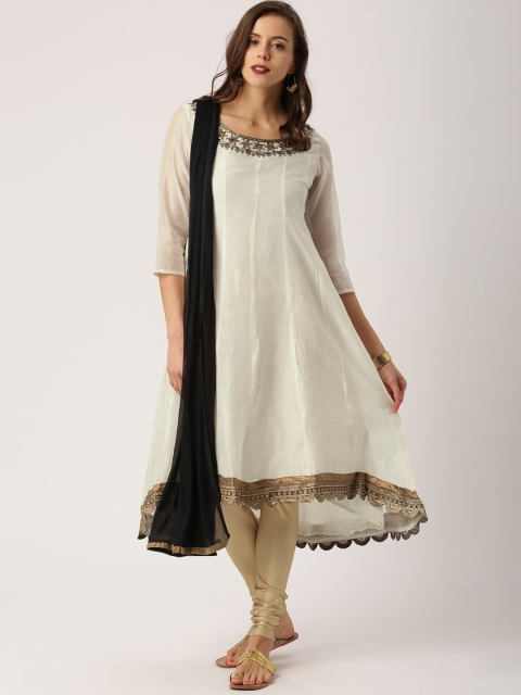 

IMARA Women Off-White & Gold-Toned Solid Kurta with Churidar & Dupatta