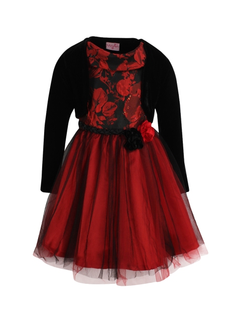 

CUTECUMBER Girls Red Embellished Jacquard Fit & Flare Dress
