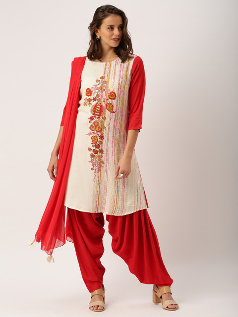 

IMARA Women Cream-Coloured & Red Printed Kurta with Patiala & Dupatta