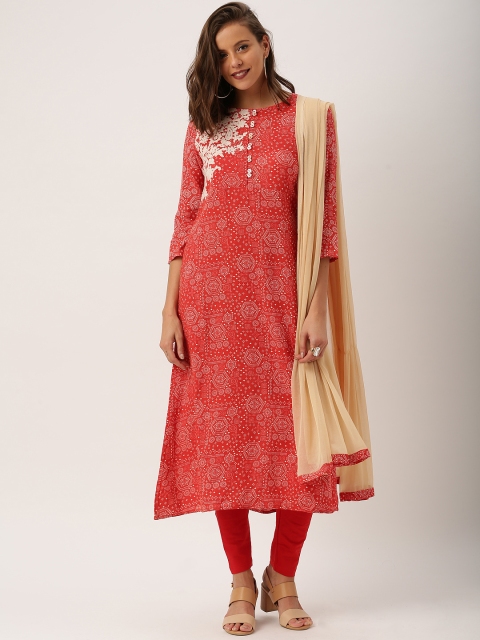 

IMARA Women Red & Printed Kurta with Churidar & Dupatta