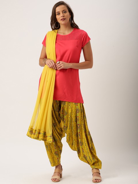 

IMARA Women Pink & Yellow Solid Kurti with Patiala & Dupatta