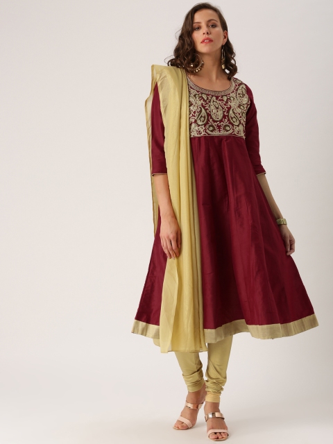 

IMARA Maroon & Gold-Toned Embroidered Kurta with Churidar & Dupatta