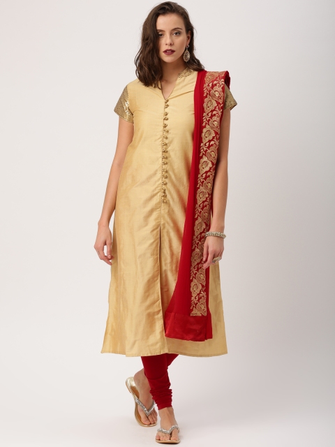 

IMARA by Women Beige & Red Solid Kurta with Churidar & Dupatta