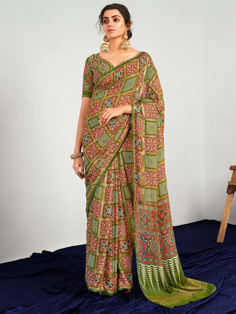 

Mitera Olive Green & Red Ethnic Motifs Pure Georgette Patola Saree