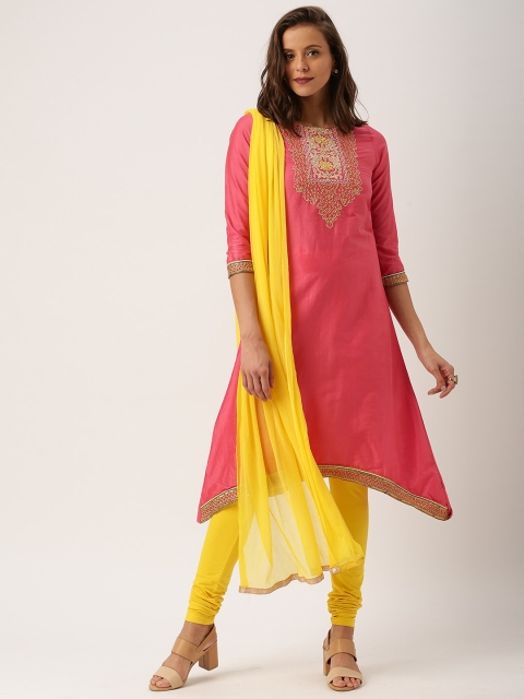 

IMARA Women Pink & Yellow Embroidered Kurta with Churidar & Dupatta