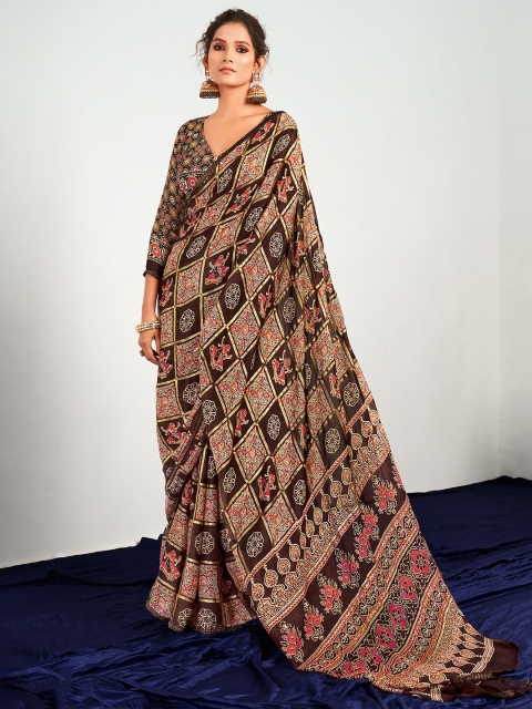 

Mitera Brown & Cream-Coloured Ethnic Motifs Pure Georgette Patola Saree