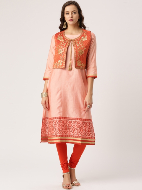 

IMARA Women Peach-Coloured & Orange Printed Kurta with Churidar
