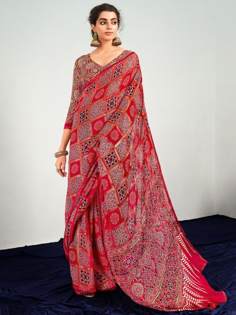 

Mitera Pink & Black Ethnic Motifs Pure Georgette Patola Saree