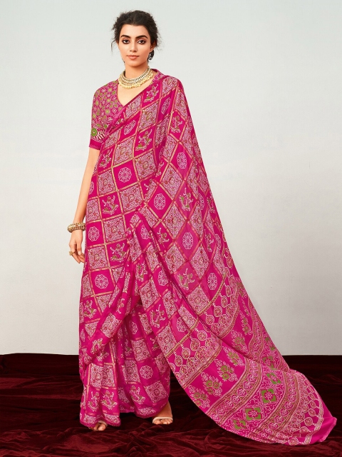 

Saree mall Pink & Green Ethnic Motifs Pure Georgette Patola Sarees