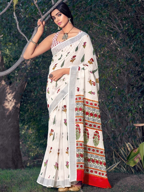 

Saree mall Off White & Green Floral Pure Linen Kasavu Sarees