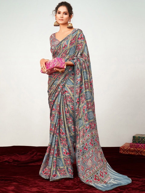 

Saree mall Grey & Pink Ethnic Motifs Pure Georgette Patola Sarees