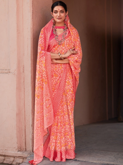 

Saree mall Peach-Coloured & Off White Floral Pure Chiffon Banarasi Sarees