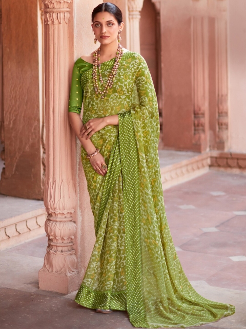 

Saree mall Olive Green & Off White Floral Pure Chiffon Banarasi Sarees