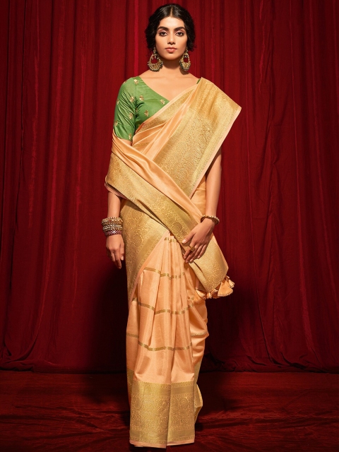 

Saree mall Peach-Coloured & Gold-Toned Woven Design Zari Silk Blend Leheriya Sarees