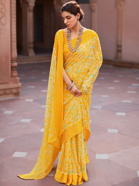 

Saree mall Yellow & Off White Floral Pure Chiffon Banarasi Sarees