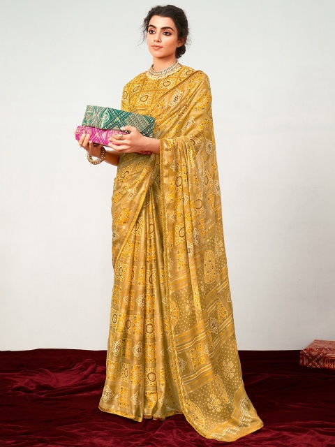 

Saree mall Mustard & Off White Ethnic Motifs Pure Georgette Patola Sarees