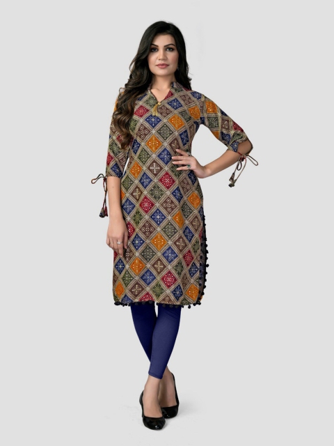 

Fashion FRICKS Women Blue & Orange Geometric Printed V-Neck Kurti