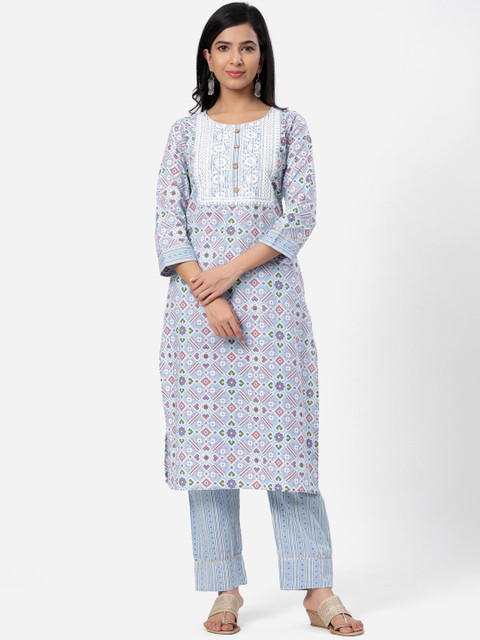 

SBR BABA KURTI Women Blue Ethnic Motifs Thread Work Pure Cotton Kurta with Trousers & With Dupatta