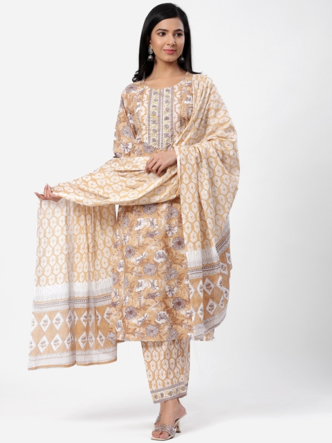

SBR BABA KURTI Women Beige Ethnic Motifs Pure Cotton Kurta with Trousers & With Dupatta