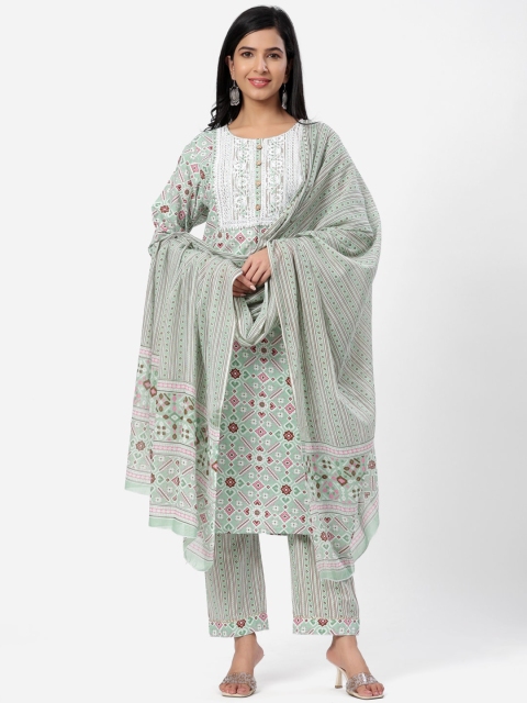 

SBR BABA KURTI Women Green Ethnic Motifs Thread Work Pure Cotton Kurta with Trousers & With Dupatta