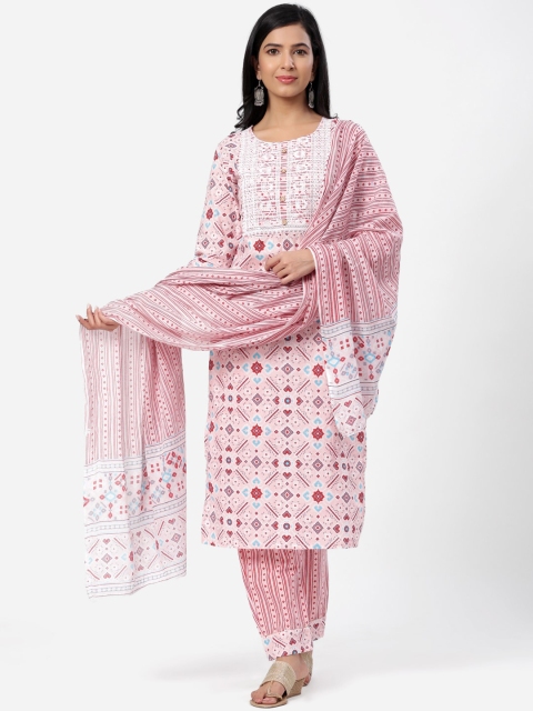 

SBR BABA KURTI Women Pink Ethnic Motifs Thread Work Pure Cotton Kurta with Trousers & With Dupatta