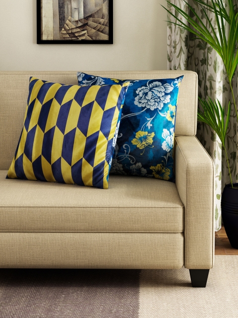 

HOUZZCODE Set of 2 Blue & Yellow Printed 16" x 16" Square Cushion Covers