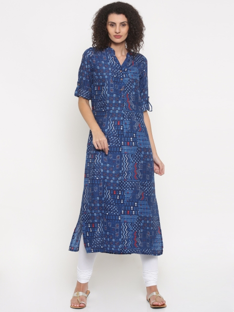 

Global Desi Women Blue Printed Straight Kurta