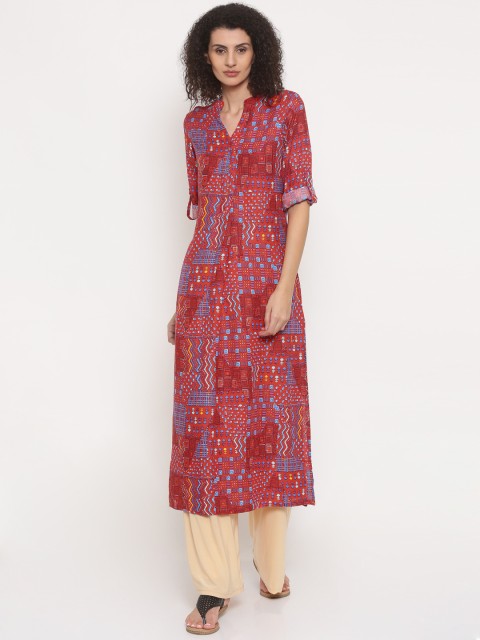 

Global Desi Women Red & Blue Printed Straight Kurta