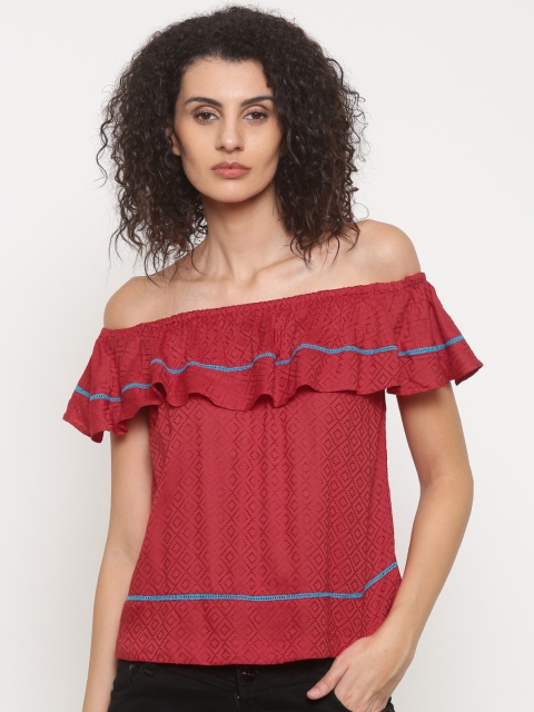 

Global Desi Women Red Self Design Bardot Top