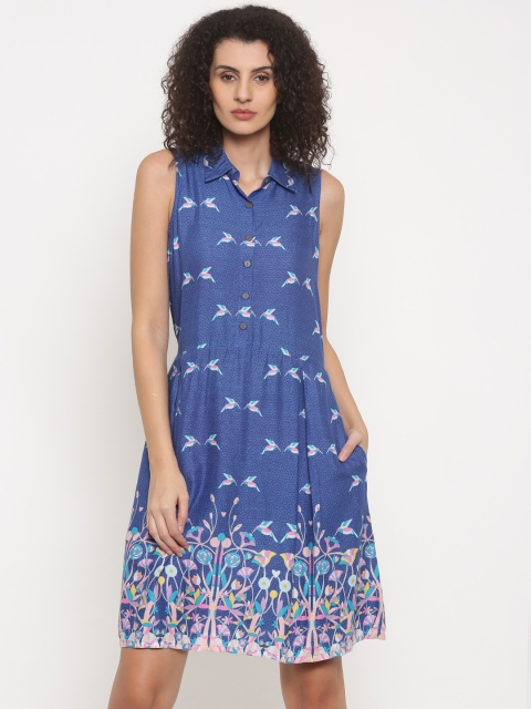 

Global Desi Women Blue Printed Shirt Dress