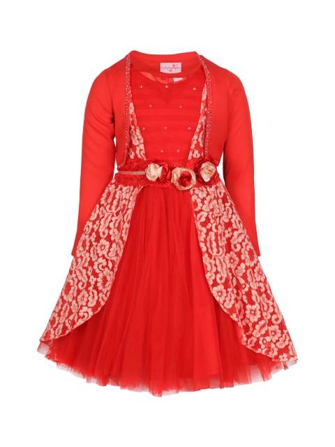 

CUTECUMBER Girls Red Embellished A-Line Dress with Shrug