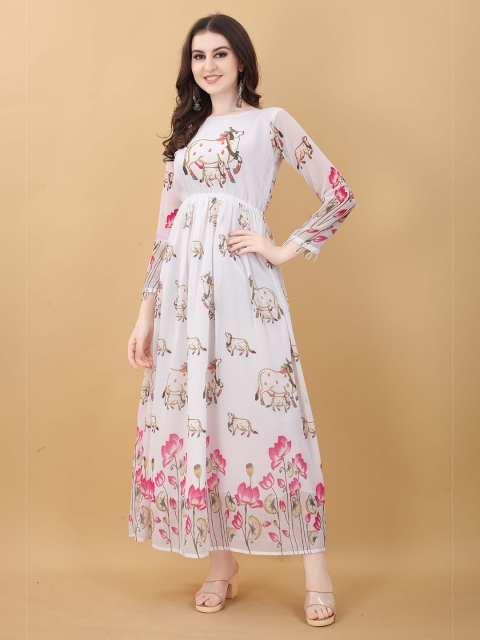 

WEAVETECH IMPEX White & Pink Floral Georgette Ethnic Maxi Dress