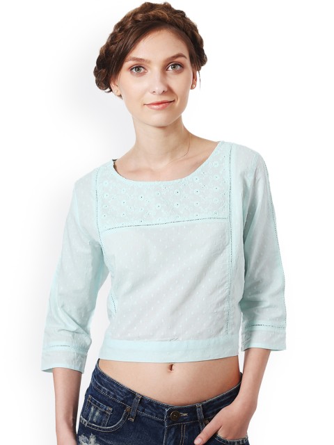 

People Women Green Self-Design & Embroidered Crop Top