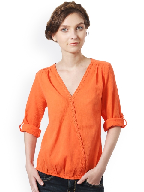 

People Women Orange Solid Wrap Top