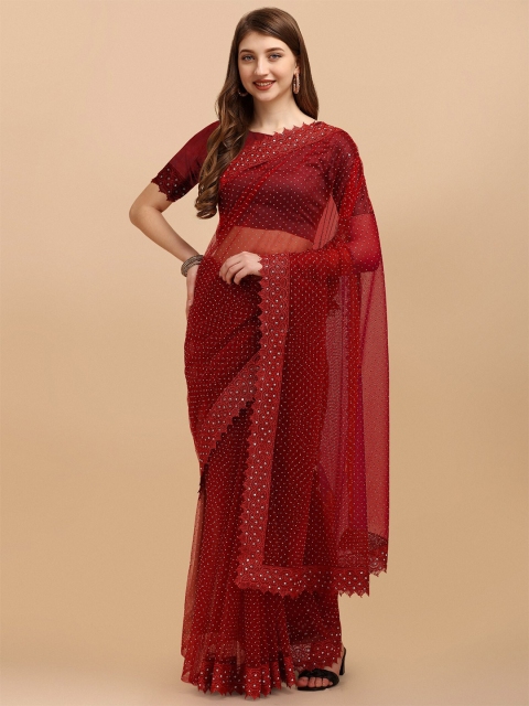 

LAGAAV Red Embellished Embroidered Net Saree