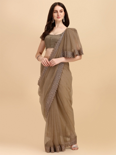 

LAGAAV Brown & Silver-Toned Embellished Beads and Stones Net Saree