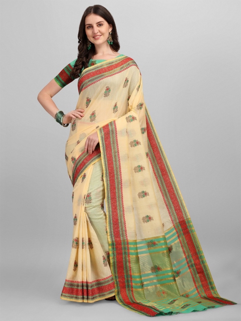 

LAGAAV Cream-Coloured & Red Floral Zari Pure Cotton Chanderi Saree