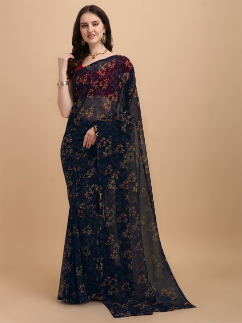 

LAGAAV Blue & Red Floral Tussar Saree