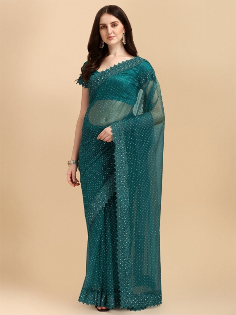 

LAGAAV Navy Blue Embellished Embroidered Net Saree
