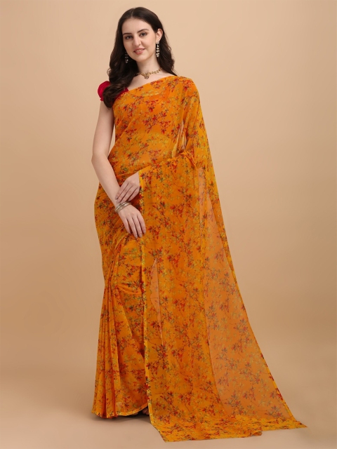 

LAGAAV Orange & Green Floral Tussar Saree