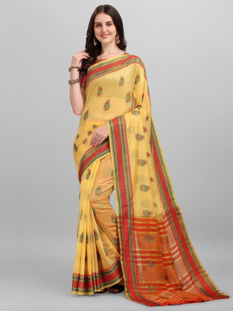 

LAGAAV Yellow & Red Floral Zari Pure Cotton Ready to Wear Chanderi Saree